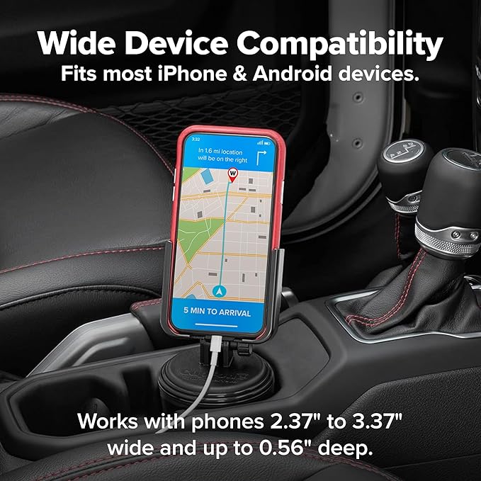 WeatherTech CupFone, Universal Cup Holder Phone Mount for Cars – Adjustable & Secure Fit with Open Access for Charging – Compatible with iPhone, Android - Plastic Knobs, Black