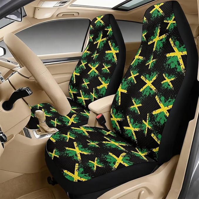 FUSURIRE Jamaica Flag 5 Pcs PU Front Seat Covers, Seat Belt Covers & Center Armrest Pad for Car SUV Truck Car Interior Accessories