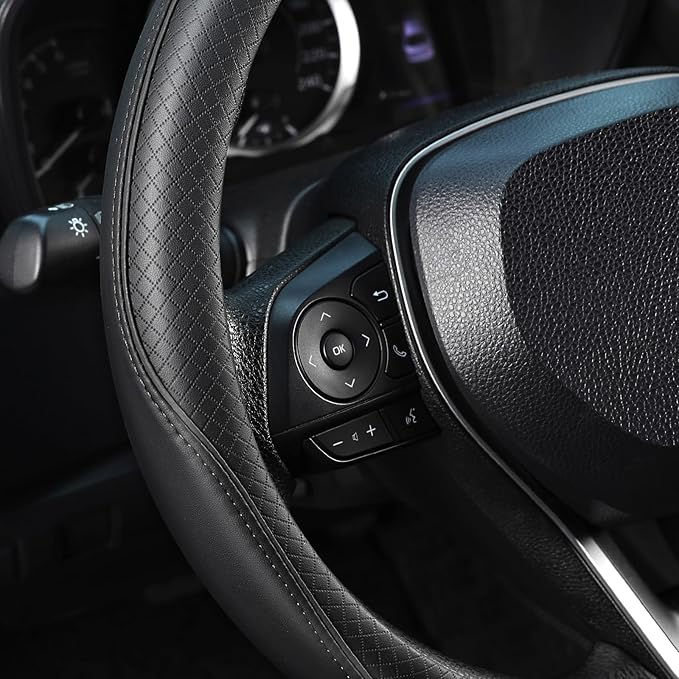 SEG Direct Steering Wheel Cover 14.5-15 inch (37-39 cm) Medium Size, Microfiber Leather, Non-Slip Comfortable Grip, Fits Cars Trucks SUVs, Black