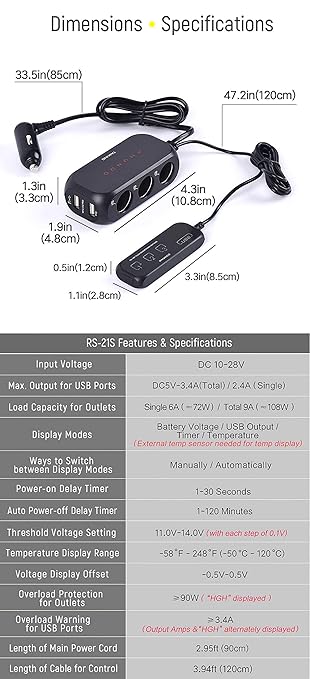 RS-21S 3-way Car Cigarette Lighter Splitter/Adapter/Charger + 2 USB 3.4Amp, with Remote Touch Sensor Switch