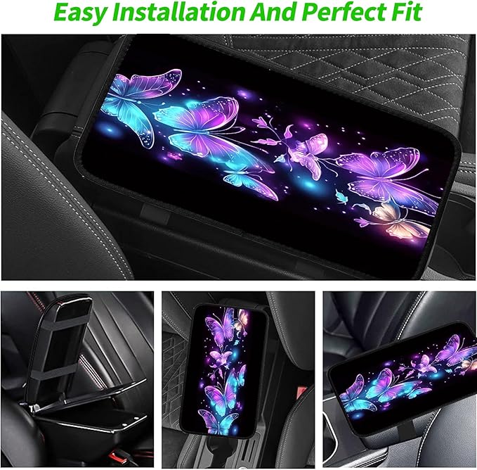 JANENFNA Car Armrest Cover Pads Universal Fashion Cute Auto Center Console Armrest Cover Pad with 2PCS Car Coasters Soft Waterproof Car Armrest Seat Protector for Women,Purple Butterfly