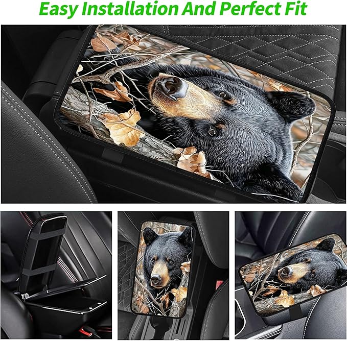 JANENFNA Car Armrest Cover Pads Universal Fashion Cute Auto Center Console Armrest Cover Pad with 2PCS Car Coasters Soft Waterproof Car Armrest Seat Protector for Women,Cute Black Bear