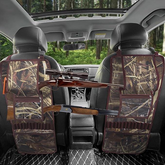 Seat Back Gun Rack, 2 Pack Truck Gun Rack Foldable Car Seat Back Gun Holder Camo Rifle Holder with Storage Pockets, Gun Sling Bag for Hunting Rifles/Shotguns, Fit Most Truck SUV