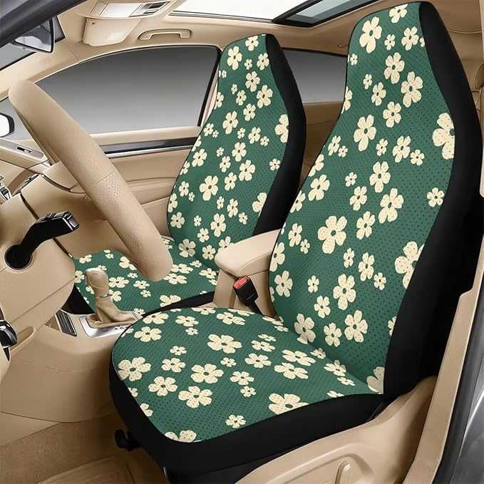 FUSURIRE 5Pcs Car Accessories Set Green Daisy Print PU Front Seat Covers, Seat Belt Covers & Center Armrest Pad Universal FIT for Car, SUVs,Van,Small Trucks