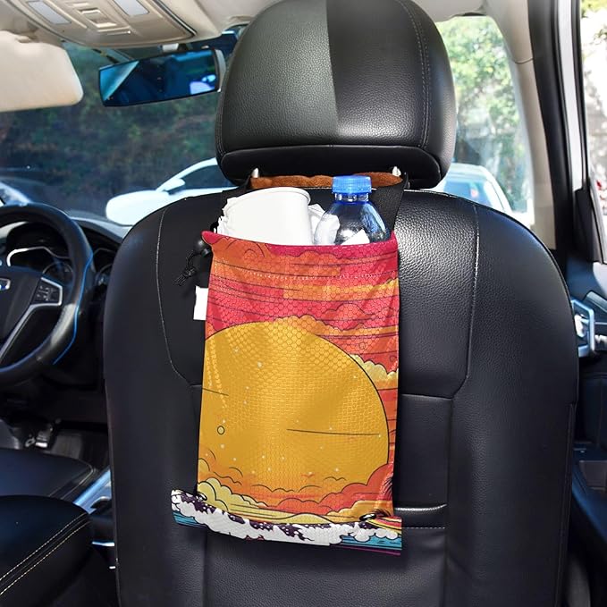 ALAZA Hanging Car Trash Bags Garbage Bag Trash Can for Back Seat Small Sea Wave Sunset Washable Storage Bag Retractable 2 Pack