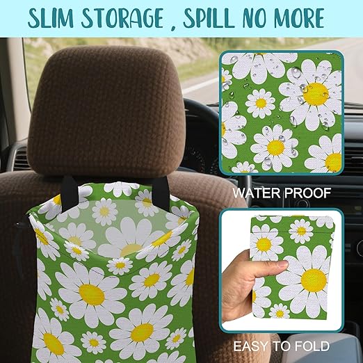 KXWQTRDD Car Garbage Bag Abstract Daisy Flowers Drawstring Car Trash Bag Hanging for Back Seat with Adjustable Buckle Canvas Vehicle Trash Can Easy-to-Install