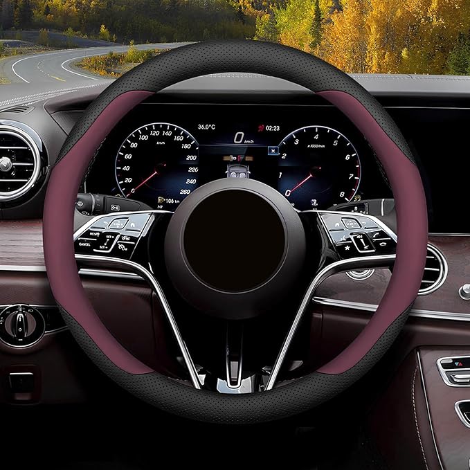 Mihecor Steering Wheel Cover Standard Size Medium 14.5-15 inch, Breathable Microfiber Leather, Anti-Slip, Soft Grip, Universal Fit for Cars SUVs Trucks, Black and Burgundy