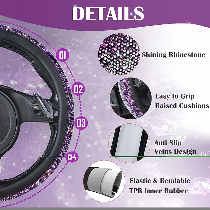 CAR PASS Bling Diamond Leather Steering Wheel Cover, Bling Sparkly Crystal Glitter Rhinestones Universal Fit 14" 1/2-15" Car Wheel Protector for Women Girl Fit Suvs,Vans,Sedans,Trucks, Purple Silver