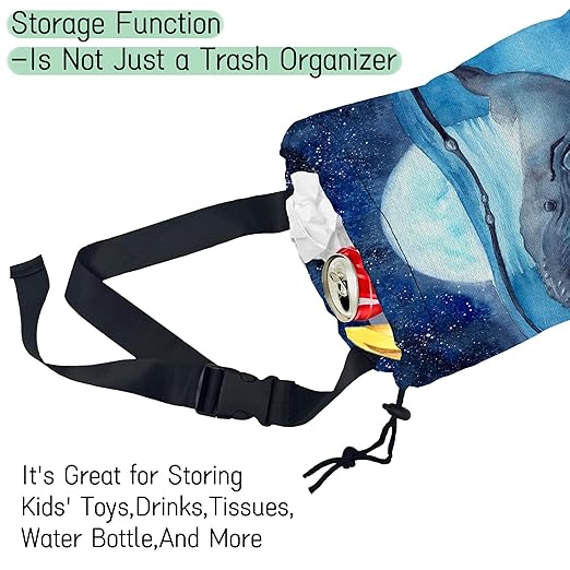 NHNXHWIA Watercolor Blue Whale Car Garbage Bag,Moon Starry Night Waterproof Small Car Trash Bag Hanging Back of Seat,Drawstring Hanging Car Trash Bag with Adjustable Buckle for Car Accessories