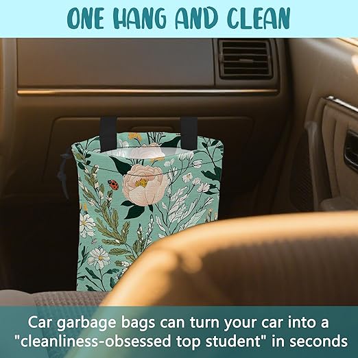 KXWQTRDD Car Garbage Bag Watercolor Floral and Green Leaves Drawstring Car Trash Bag Hanging for Back Seat with Adjustable Buckle Canvas Vehicle Trash Can Easy-to-Install
