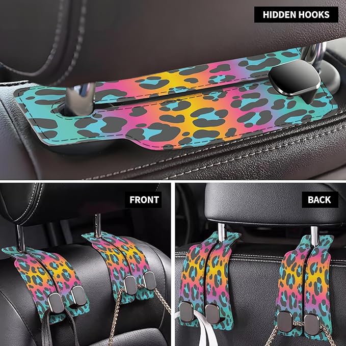 AXBSAKDI Car Seat Back Storage Headrest Hook, Premium Leather Double Metal Hook, Hanger Storage Organizer for Purse Cloth Bag, Car Interior Accessories Colorful Cute Leopard