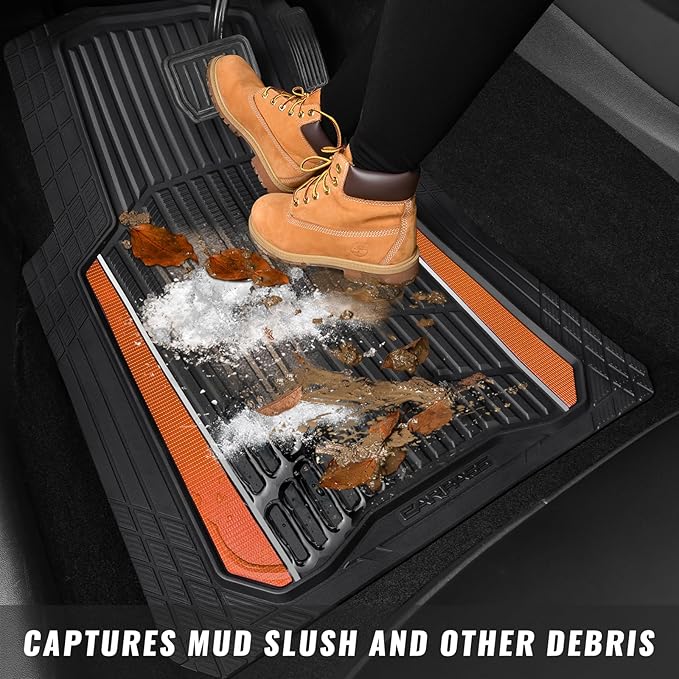 CAR PASS Heavy Duty Rubber Car Floor Mats, Deep Waterproof Car Floor Mats All Weather, Aluminum Film Floor Mats for Cars Non-Slip Universal Trim Fit for SUVs Trucks Sedans Vans, Black Orange Metallic