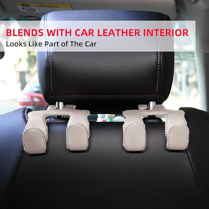 Car Hooks for Purses and Bags,Car Purse Holder Upgraded 2 in 1 Durable Hanger Leather Headrest Hook Car Back Seat Organizer Storage for Purse Car Interior Accessories,2-Pack,Beige