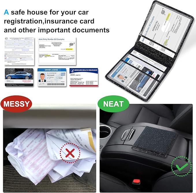 DMLuna Car Registration and Insurance Holder, Folio Leather Vehicle Card Document Glove Box Organizer, Auto Truck Compartment Accessories for Essential Information, Driver License Cards, Glitter Black