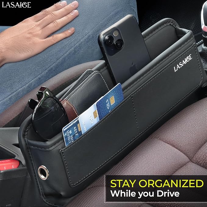 Car Seat Gap Filler Organizer (Black) -Soft PU Leather Car Seat Gap Filler Organizer - Gap Filler For Car w/Pockets & Large Compartment - Slip-Resistant Between Seat and Center Console