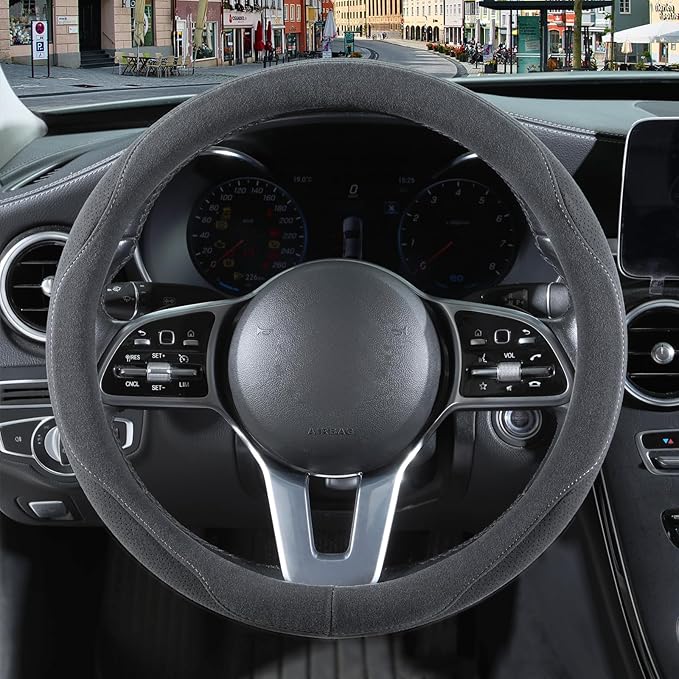 14 inch Gray Suede Steering Wheel Cover, Breathable Non-Slip Sweat-Proof Wear-Resistant No Pilling, Warm in Winter and Cool in Summer