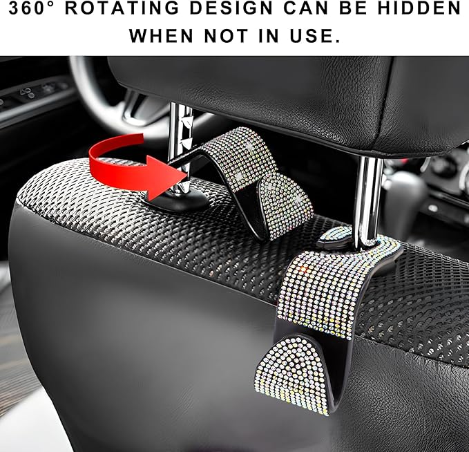 4 PCS Car Seat Headrest Hooks, Bling Crystal Rhinestone Back Seat Hanger Storage Organizer, Sparkly Seatback Holder Hooks for Purse and Bags Universal For Most Vehicles (Colorful)