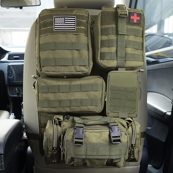 Universal Tactical Car Seat Back Organizer Bag Tactical Molle Vehicle Organizers Panel Gear Accessories with 5 Different Size Molle Pouches for Car Truck Ford Jeep Vehicle (A style-Military green)