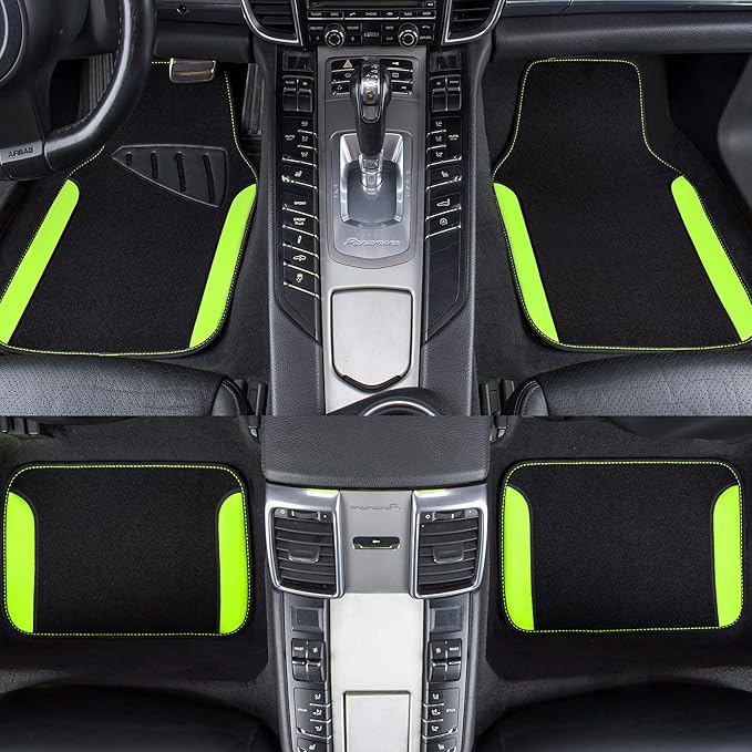 CAR PASS Fluorescent Leather & Waterproof Car Carpet Floor Mats, Universal Car Mats Fit for SUV,Vans,sedans, Trucks,Set of 4pcs Car Carpet with Anti-Slip nibbs Driver Heel Pad (Black Green Lime)