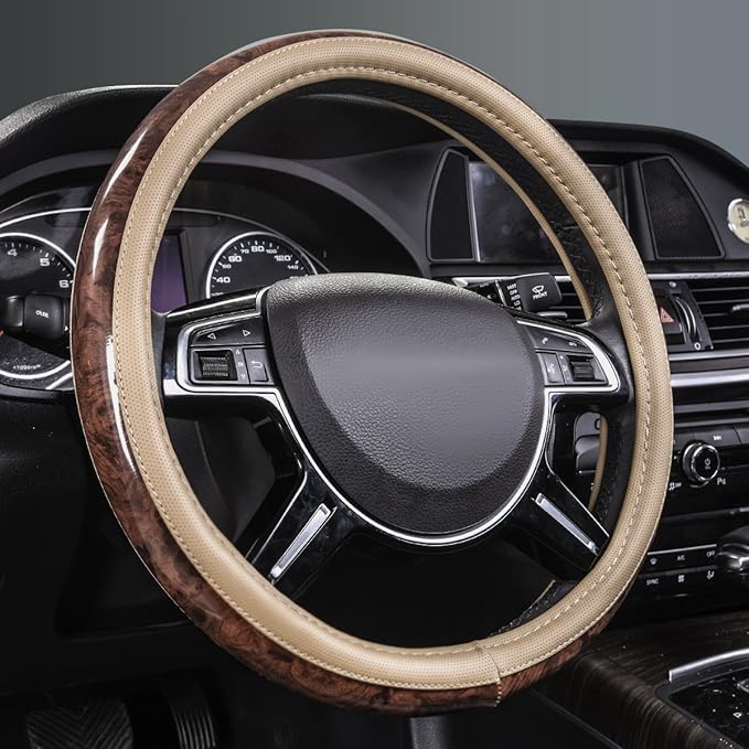 CAR PASS Wood Grain 14.5-15 inch Microfiber Leather Steering Wheel Cover, Anti-Slip Veins Design Steering Wheel Universal Fit for Most Cars, Sedans, SUVs, MiniVans, Small Trusks, Beige