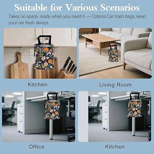 Colorful Flowers and Plants Car Garbage Bag,Small Car Trash Bag Hanging,Drawstring Car Garbage Bag with Adjustable Buckle for Car Back Seat,SUVs,Camping,Road Trips