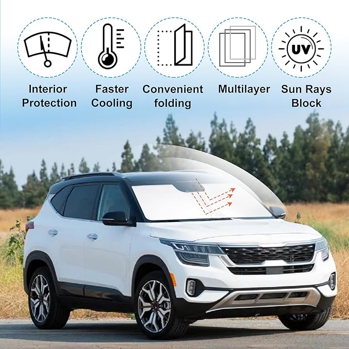 Windshield Sun Shade Custom Fit for 2021 2022 2023 2024 2025 Kia Kia Seltos Accessories Foldable Sunshade Sun Blocker Protect Car from Sun Rays & Heat Damage Keep Car Cooler