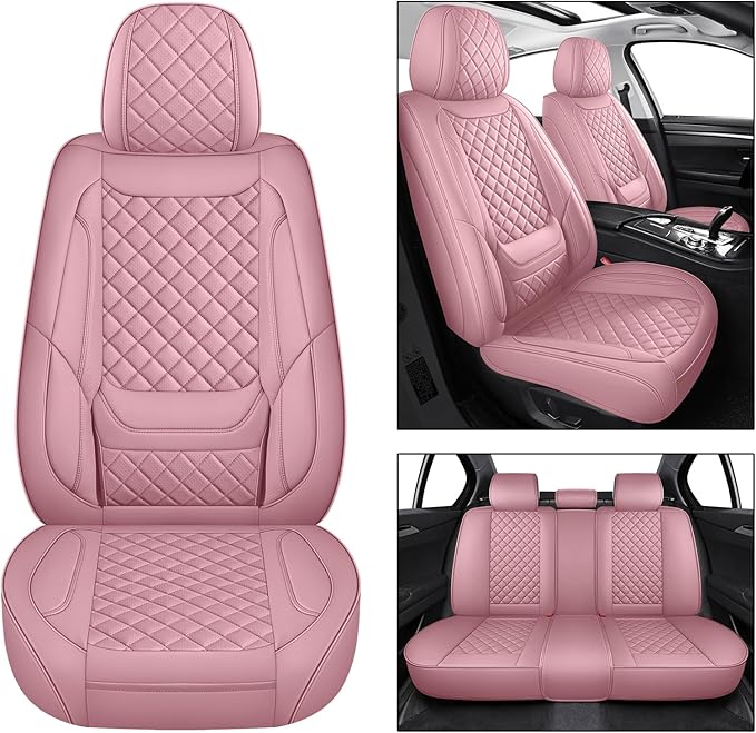 SCOMEE Pink Leather Car Seat Covers Full Set Breathable Seat Protectors Waterproof Automotive Seat Covers Universal Fit for Most Cars SUVs Trucks Vehicles