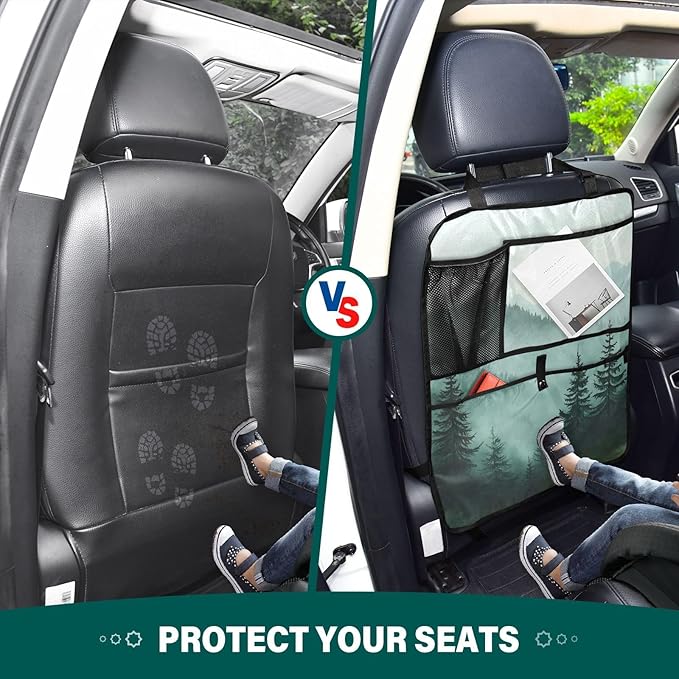 2 Pack Back Seat Car Organizer with Storage Pockets Kick Mats Back Seat Protector Hanging Car Organizer Automotive Seat Back Cover Organizers Green Mountains and Pine Trees