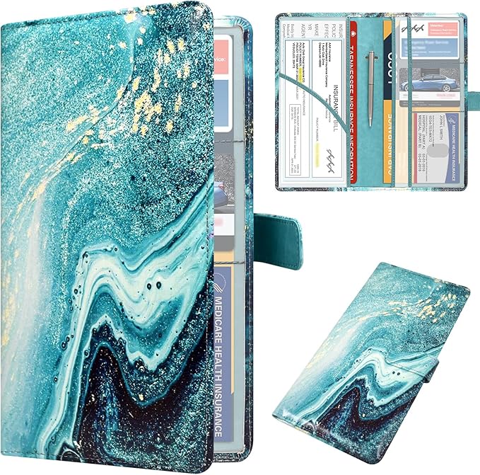 DMLuna Car Registration and Insurance Holder, Leather Vehicle Card Document Glove Box Organizer, Auto Truck Compartment Accessories for Essential Information, Driver License Cards, Blue/Green Marble