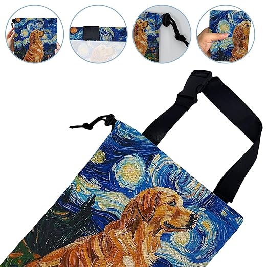 Vintage Starry Night Car Trash Bag,Watercolor Golden Retriever Hanging Drawstring Car Garbage Bag,Canvas Car Back Seat Organizer with Adjustable Buckle for Men and Women
