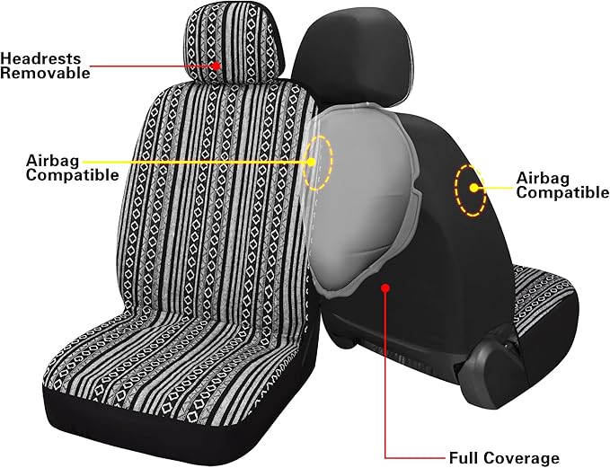 HAIYAOTIMES Baja Saddle Blanket Car Seat Covers Full Set with Seat Belt Pads, Washable Breathable Seat Covers for Cars, Universal Fit Interior Covers for Most Cars, Airbag Compatible, Black/White