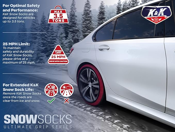 K&K Auto Snow Socks for Tires – Pro Series for Ultimate Grip Approved Snow Chain Alternative Traction Device – Tire Sock for SUV Van Pickup Truck – Winter Travel Accessory Emergency Kit – XXL (2pcs)