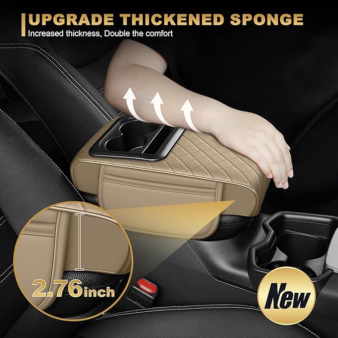 Center Console Cover for Accord: Armrest Cover for Car with 2 Storage Bags - Waterproof Leather Center Console Cover with Cup Holder for Car,Anti-Scratch Auto Armrest Pad Accessory （Beige