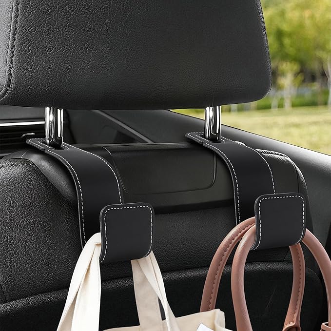 Romiona Leather Car Purse Hooks with Larger Strap Holder Purse Hook Purse Holder for car car seat Back Hooks Automotive seat Back Organizer headrest Hooks for Bags and Purse (Black, 2pcs)