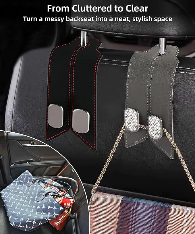 atFivoy 2Pcs Car Headrest Hooks with Premium Leather, Upgraded Double Metal Hooks with Anti-Drop Design, Universal Back Seat Hanger for Bags, Coats, Purses and Groceries (Classic Black)