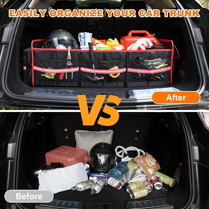 SKYJDM 95L Car Trunk Organizer with Removable Cooler Bag, Collapsible Trunk Storage Organizer with Removable Lid - Multi Compartment Waterproof Storage Organization, Fits Most Car, Truck, Red