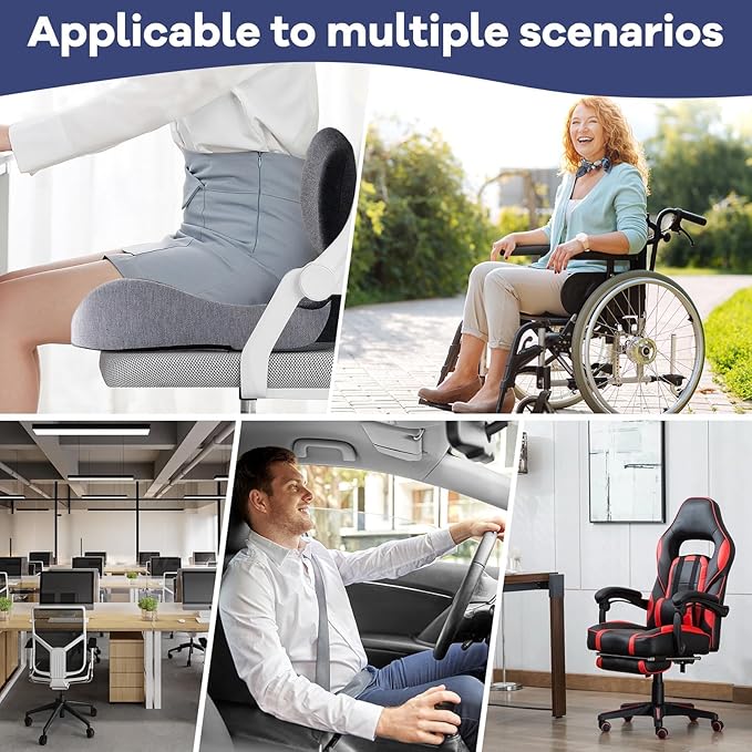 Ergonomic Seat Cushion for Office Chair & Car - Memory Foam Car Cushions for Driving with L-Shaped Design, Adjustable Strap, Non-Slip Bottom - Orthopedic Pad for Truck Driver (Dark Grey)