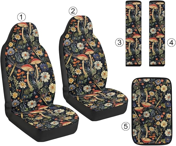 Qeluxign Mushroom Floral Car Seat Cover Set with Armrest Cover Cushion PU Automotive Car Cover and Seat Belt Shoulder Straps Pad, Universal Fit for Truck Sedan SUV, Pack of 5