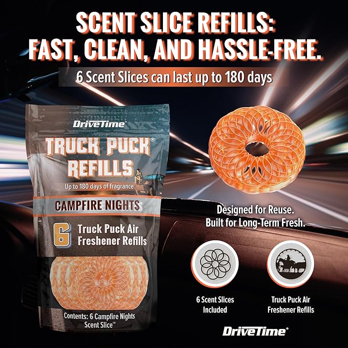 Drive Time Truck Puck Refill - Campfire Nights Fragrance Premium Long-Lasting Car Air Freshener, Odor Eliminator/Deodorizer