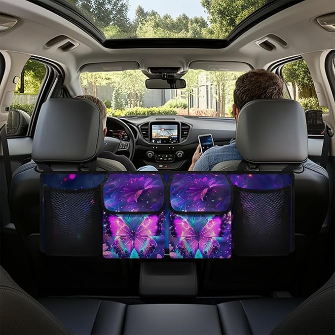 CLOHOMIN Purple Butterfly Car Trunk Organizer Sunflower Car Storage Organizer for SUV Truck Sedan Easy to Install Car Trunk Tool Organizer with 4 Pockets Replacement Car Storage Accessories