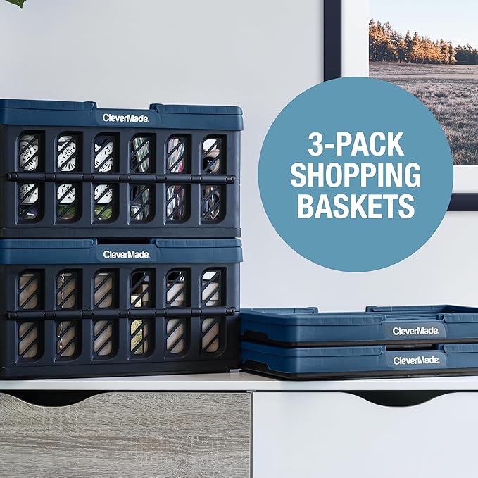 CleverMade Collapsible Shopping Basket, Obsidian, 3PK - 24L (6 Gal) Reusable Plastic Grocery Shopping Baskets, Holds 25lbs Per Basket - Small Foldable Storage Crates with Handles