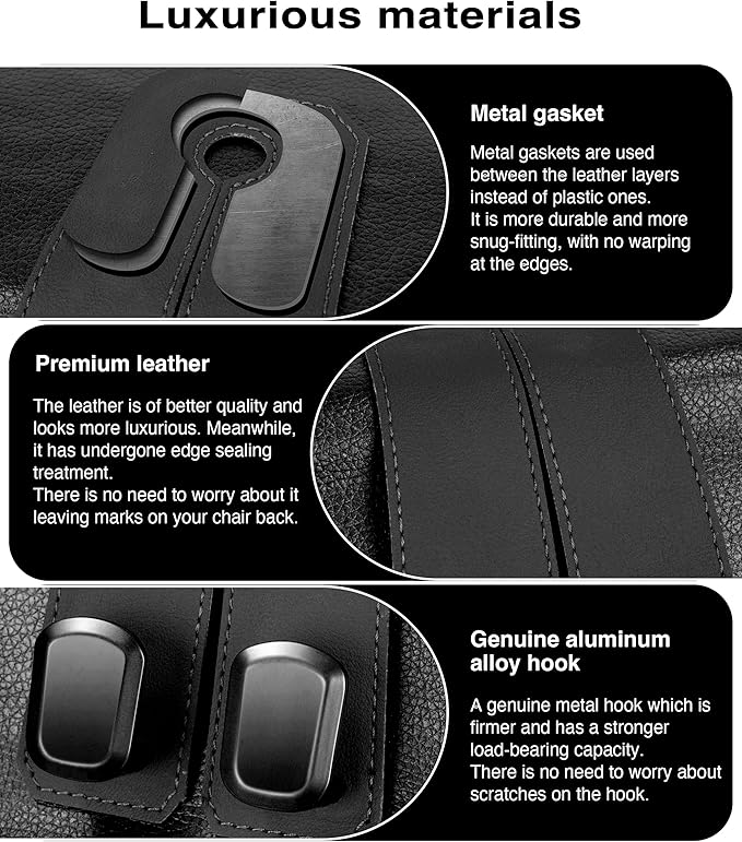 VETERBONE Car Hooks for Headrest, 2Pcs Seat Back Storage Hook Luxurious Leather 100% Metal Multifunctional Car Hanger & Holder for Heatrest, Seat, Bag, Purse (Black)