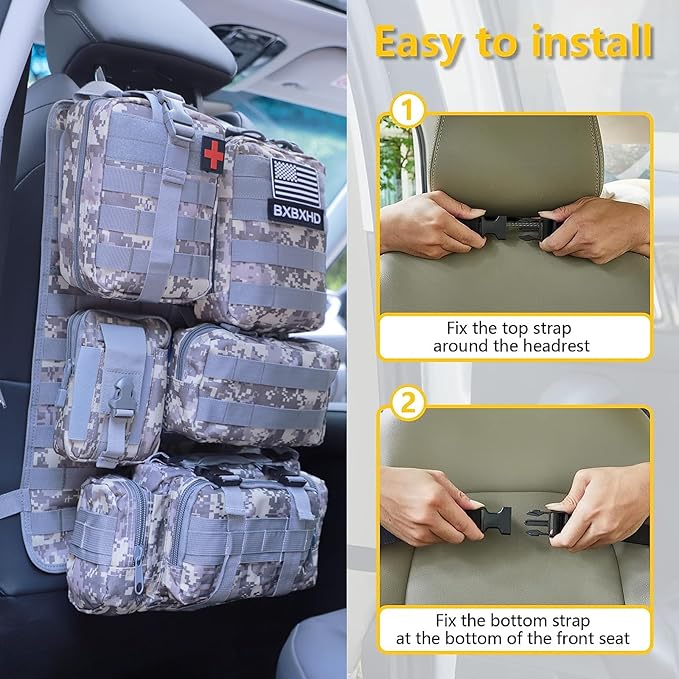Universal Tactical Car Seat Back Organizer Bag Tactical Molle Vehicle Organizers Panel Vehicle Protector Organizers with 5 Detachable Pouches for Car Truck Ford Jeep (ACU)