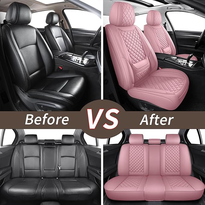 hoozoom Leather Car Seat Covers Full Set Breathable Automotive Seat Covers Waterproof Seat Protectors Universal Fit for Most Automotive Cars SUV Trucks Van (Pink, Full Set)