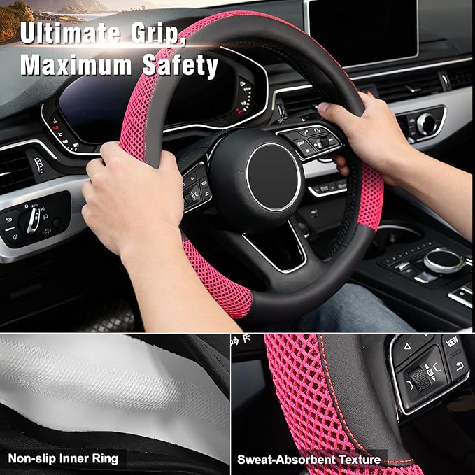 KAFEEK 15 inch Steering Wheel Cover, Cooling Ice Silk Mesh with Microfiber Leather, Heat Resistant, Breathable, Anti-Slip, Summer Cool, Universal Fit, Black & Red