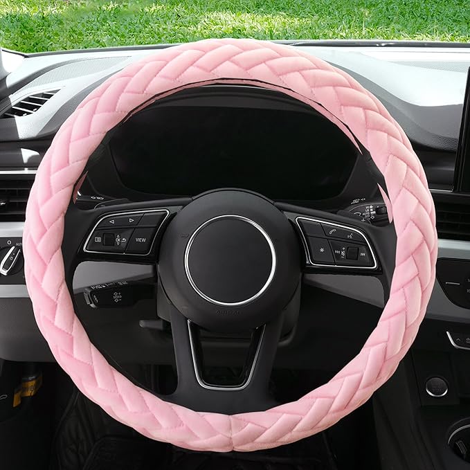 Soft Velvet Steering Wheel Cover Cute Hands Warm Fuzzy, Universal 15 Inch for Women Girls, Fit Vehicles, Sedans, SUVs, Vans, Trucks - Light Pink