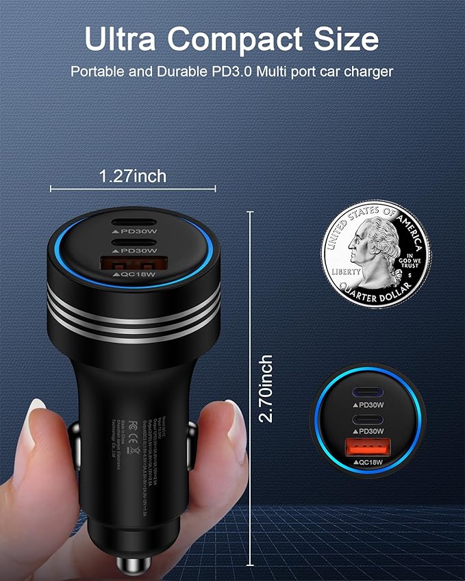 iPhone 16e 17e Car Charger Fast Charging, 78W 3-Port Super Fast Charge USB A & USB C Car Power Cigarette Lighter Adapter for iPhone 17/17e/Air/17 Pro/16/16e/16Pro Max/15/14/13/12, iPad, Samsung S26