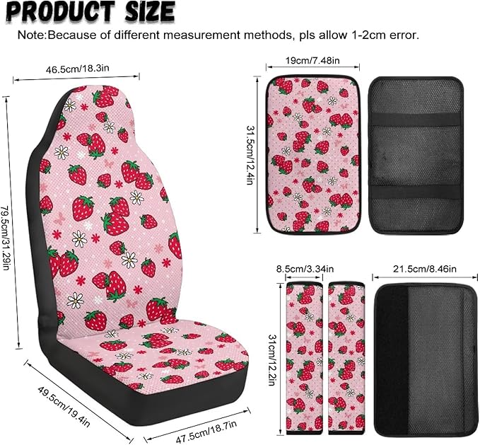 Qeluxign Strawberry Daisy Car Seat Covers 2 Front Seats Universal Fit Center Console Protector Auto Seat Belt Cover Against Stains, Spills, Dust Car Interior Accessories 5 Piece Set