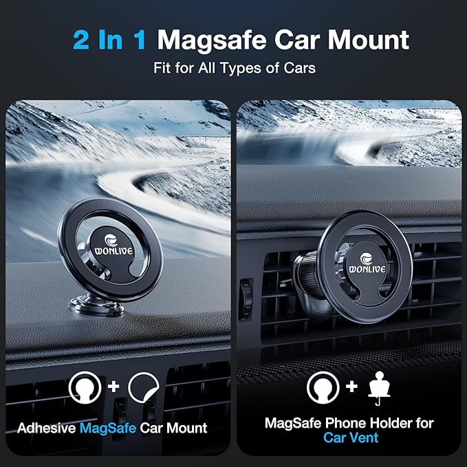 for Magsafe Car Mount, 2 in 1 Vent/Dashboard Magnetic Phone Holder - [44 Strong Magnets] Car Phone Holder Mount Fit iPhone 17 16 15 14 13 12 Plus Pro Max for Magsafe Case and Other Cellphone