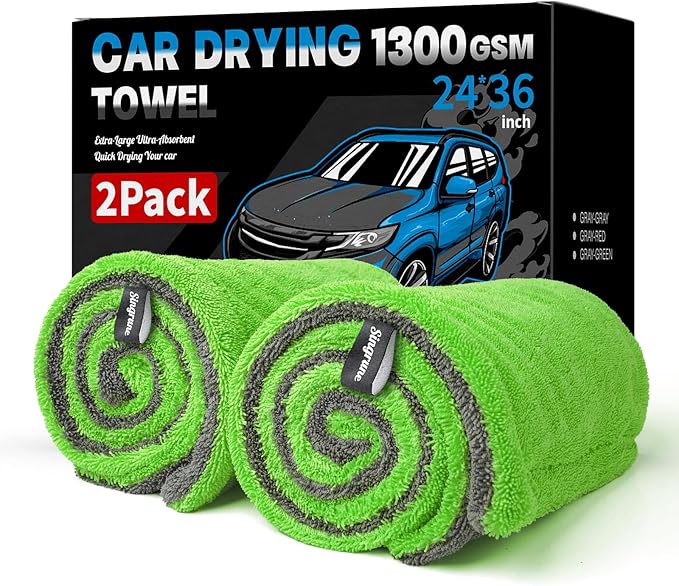 Singrune 2 Pack XL Car Drying Towel – 1300GSM Ultra Absorbent Microfiber, 24"x36" Large Size, Twisted Loop, Lint-Free & Streak-Free for Auto Detailing, Car, SUV, Truck (Gray-Green)